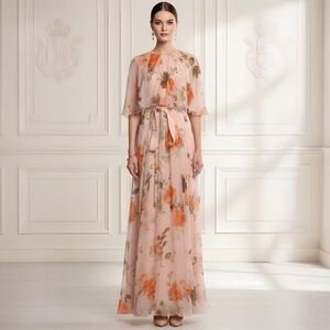 ERDEM Pink and Orange Floral Maxi Silk Dress
